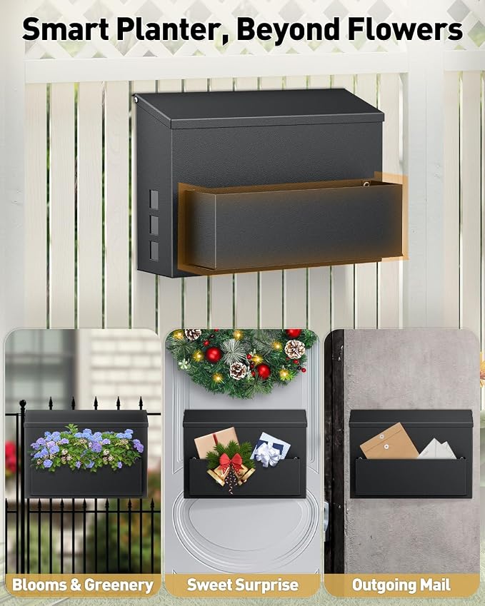 Uniclife Wall Mount Mailbox for Outside, Large Mailbox with Planter, Large Capacity Mail Box for House, Rust-Proof Steel Post Box for Home Office School, Modern Metal Drop Case, Black