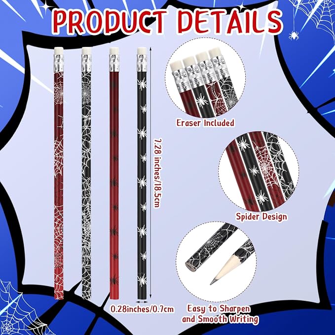 Teling 48 Pcs Spider Pencils Theme Party Favors Fun Spider Web Pencils in Bulk with Eraser Wooden Number 2 Graphite Stationery Kits for Students Back to School Classroom Birthday Supplies