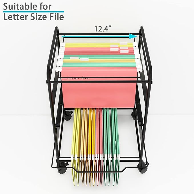 PUNCIA 2-Tier Metal File Cart with Wheels Pull-Out Rolling Folder Organizer | Black Mobile Hanging File Cabinet for Letter Documents Home Office Storage Easy to Move and Access