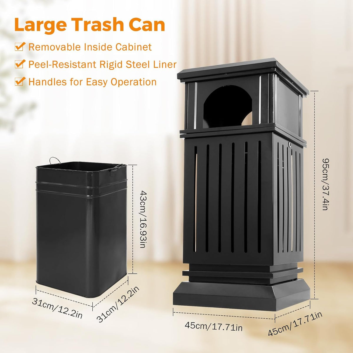 BEAMNOVA Black Trash Can Outdoor Top Tray Stainless Steel Commercial Garbage Enclosure with Locking Lid Heavy Duty Industrial Yard Garage Waste Container, 37.4 * 17.7 * 17.7in