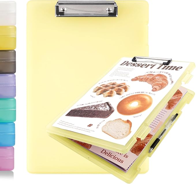Letter Size Clipboard with Storage 8.5 * 11, Plastic Clear Yellow Clipboard File Box A4 Nursing Clip Board for School & Office with Christmas Stickers (Clear Yellow-1PCS)
