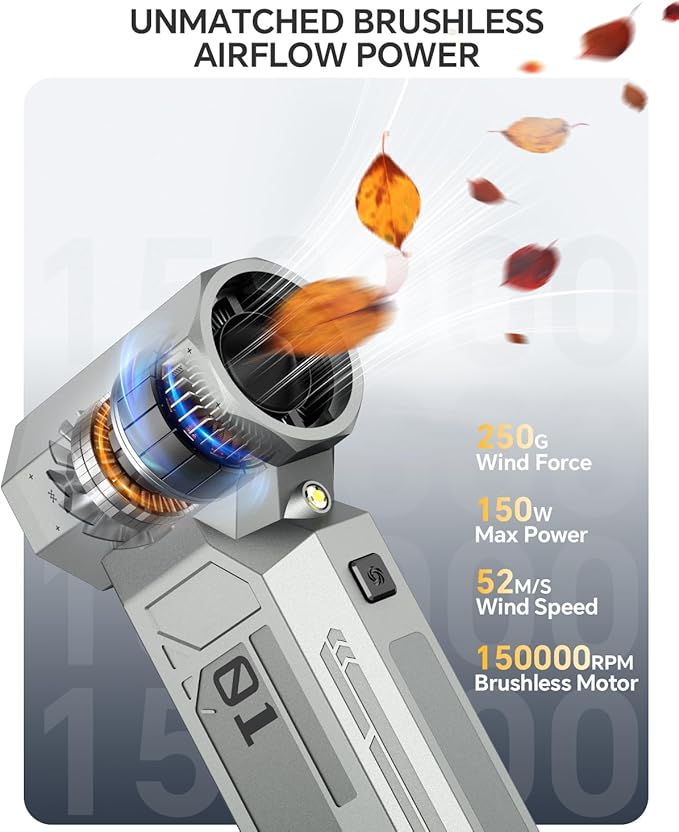 Compressed Air Duster, 150000RPM Electric Air Duster with LED Display & Brushless Motor, 4-Gear Air Blower Rechargeable with LED Light, Cordless Turbo Fan for Computer, Keyboard, Car, Home, Outdoor