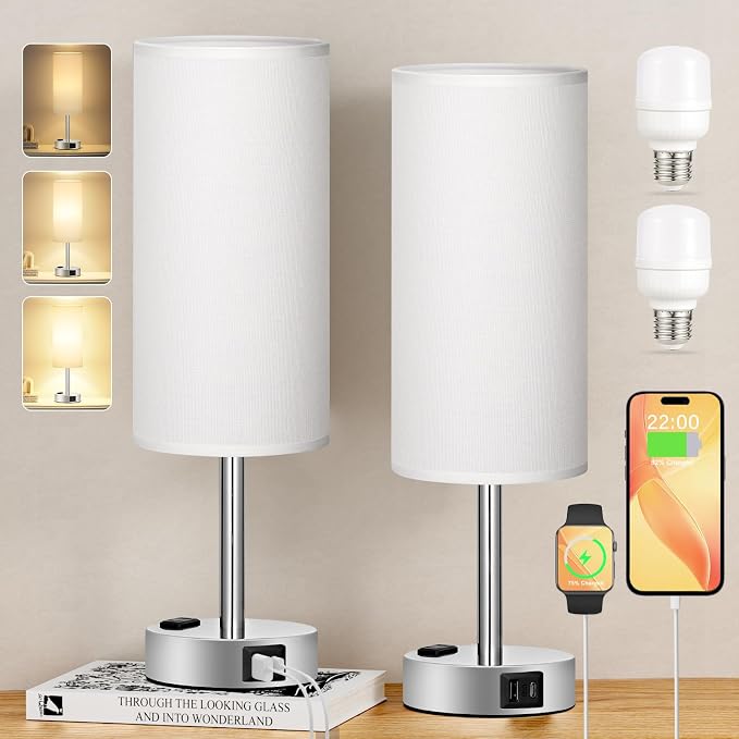 Touch Bedside Table Lamps Set of 2 - Bedroom Lamp with USB A+C, AC Outlet | 3-Way Dimmable, LED Bulb Included, White Fabric Lampshade, Sleek Silver Metal Base & Pole, 14" Small Nightstand Lamp for Desk
