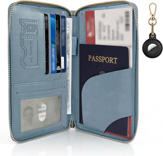 RFID Blocking Passport Wallet, PU Passport Holder for Travel, Blue | Concealed Pouch with Tracker Case, Security Travel Document Organizer, Wristlet Strap Zipper Wallet, Gifts for Women Men