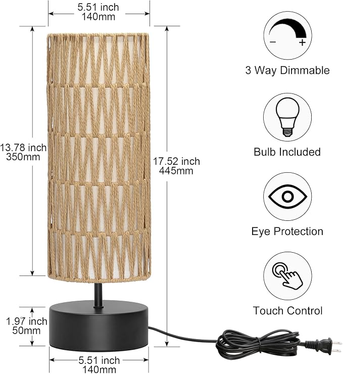 Rattan Table Lamp, Touch Control Bedside Table Lamp with Black Base, 3 Way Dimmable Nightstand Lamp with Dual-layer Shade, Boho Night Light for Bedroom Living Room Home Office, 9W LED Bulb Included