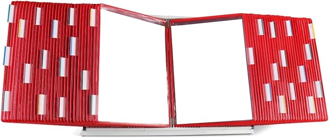 Tarifold Desktop Reference Display System, 60 Pockets, Red | 60 double-sided PVC pockets, holds 120 letter-size sheets, sturdy metal base, quick-find indexing, quick and easy to assemble