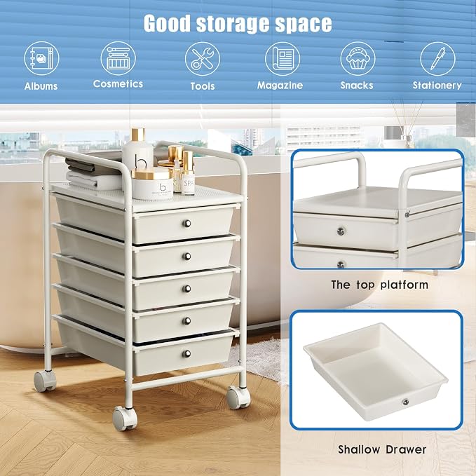 Rolling Storage Cart with Drawers 5-Tier Lock Wheels Office White | Utility Cart with 5 Drawers & 2 Lockable Caster, Multipurpose Mobile Drawer Cart for School Bathroom Kitchen