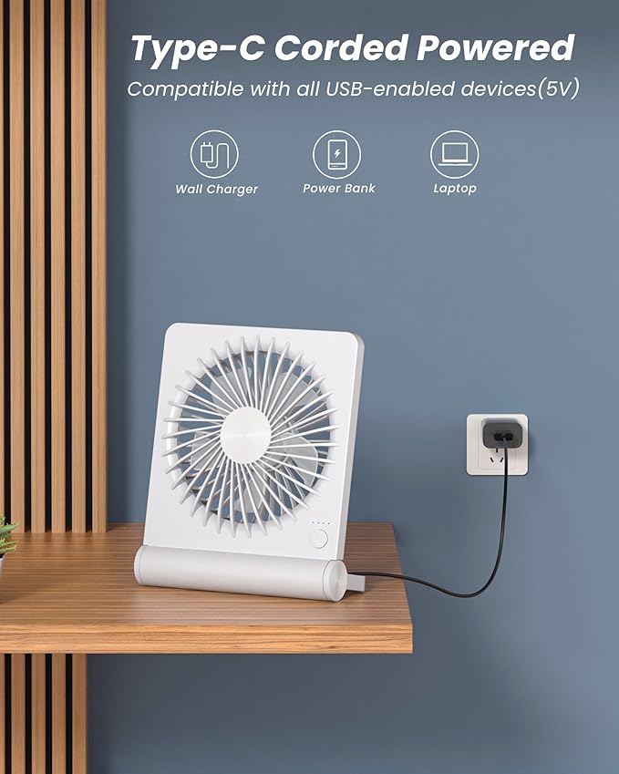 Koonie USB Desk Fan, Strong Wind Ultra Quiet Small Mini Fan | 220° Tilt Folding & 3 Speeds Adjustable, USB-C Powered Personal Fan for Home Office Desktop, White, NO BATTERY