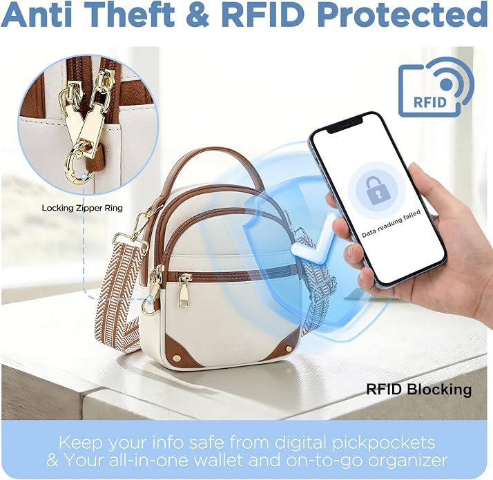 Anti Theft Crossbody Bag for Women RFID Small Purse Travel | Secure Crossbody Phone Purse with Handle, 5 RFID Slots, 7-Pocket Fits 7.9" Tablet, Adjustable Strap, Hands-Free Everyday