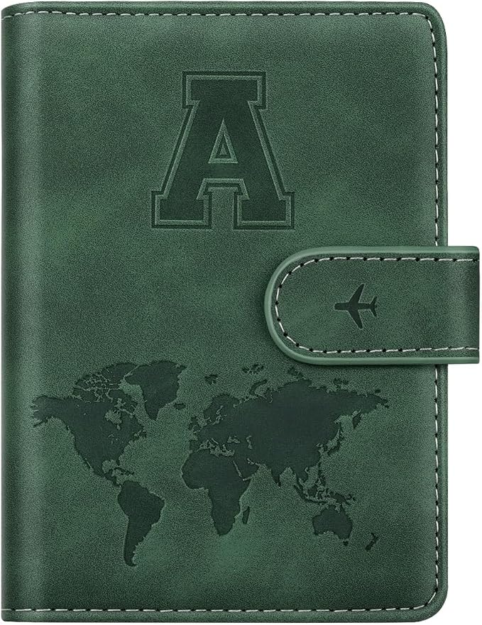 Passport Holder Wallet Cover Personalized Initial Travel Essentials | Embossed Letter A-Z Design, Travel Wallets, RFID Blocking, Passport Book Holders, Women Men, Personalized Gifts, Green-A