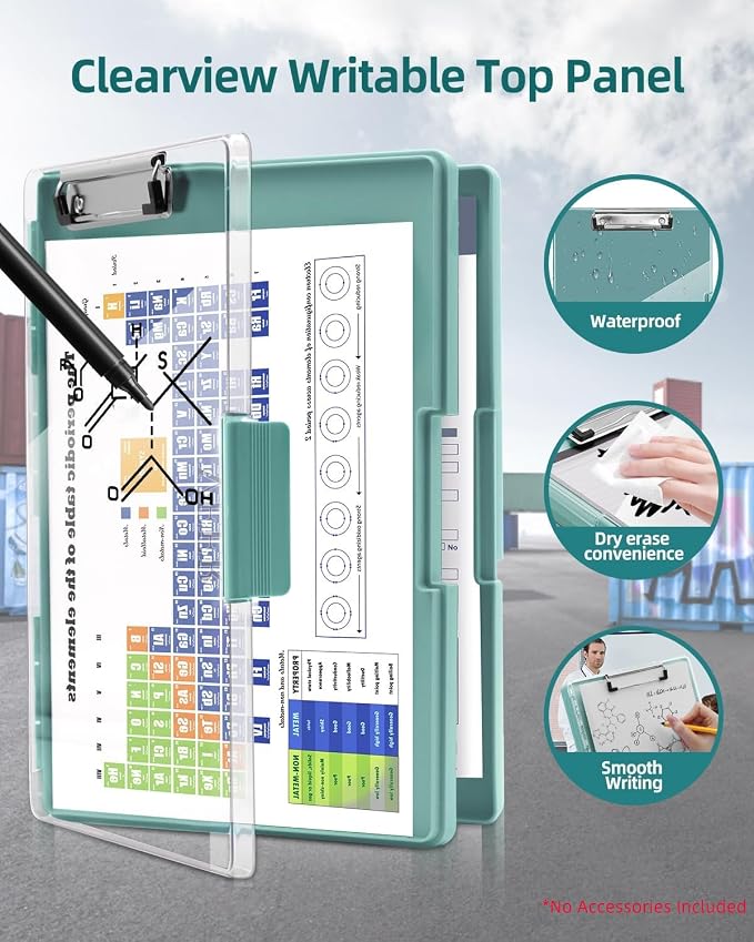 Clearview Clipboard with 2 Storage, Dry Erase 8.5x11 Heavy Duty ClipBoards - High Capacity Coaches Clip Board with Pen Holder - Side Opening Plastic Nursing Clip Case (Turquoise)