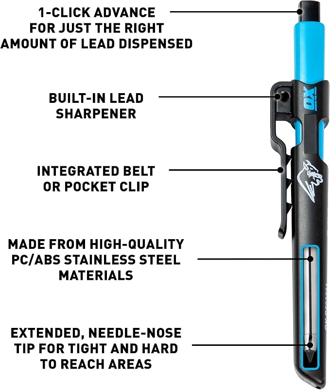 OX 2x Carpenter Pencil Set - Mechanical Construction Pencil, Sharpener | Pro Tuff Carbon marking, 2.8mm leads included, belt clip, needle-nose tip, stainless steel build