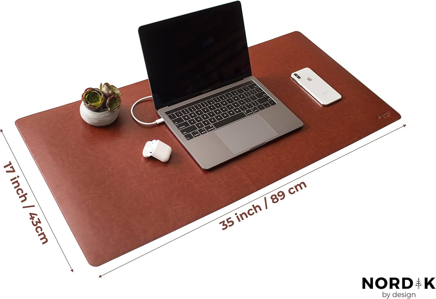 Nordik Leather Desk Mat - Whiskey Brown - Cable Organizer - Premium Mouse Mat & Desk Pad Protector - 35 X 17 Inch - Felt Vegan Leather - Large Office Mouse Pad & Blotter
