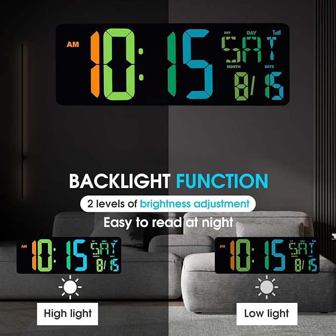 XREXS Large Digital Wall Clock Bluetooth Sync, 17.2" RGB Color Changing Digital Clock with Remote Control, Adjustable Brightness Grandfather Clock, Temperature for Home, Gym and Classroom