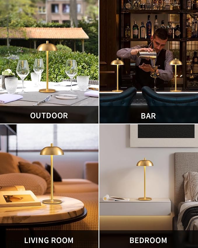 12" Cordless Table Lamps Set of 2, Gold Modern Portable Desk Lamp | LED, 3 Color Dimming, Rechargeable, Battery Operated Lights for Bedroom, Outdoor, Restaurant, Bedside, Night Light, Gifts