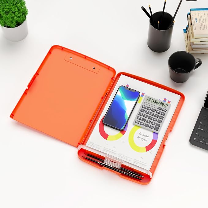 Hongri Clipboard with Storage with Pencil Case, 8.5 x 11 Storage Clip Board | High Capacity Organization Box for A4 Letter Legal Paper, Heavy Duty Folio & Side-Opening for Nurses, Teachers, Orange