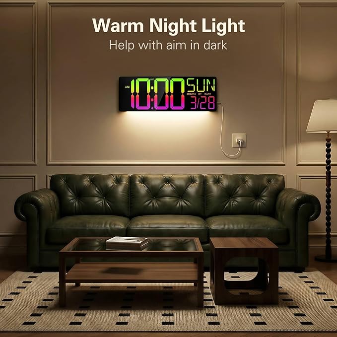 JALL 18" Large Digital Wall Clock with RGB Lights & Remote, Digital Clock with Bluetooth Sync & DST, Wall Clock with Temperature & Seconds Display, Clocks for Living Room, Seniors (Black)