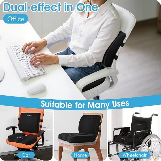 CushZone Seat Cushion, Lumbar Support Pillow with Adjustable Strap-Chair Cushions for Sciatica Pain Relief-with Washable Cover for Car, Travel and Wheelchair, Black, X-Large