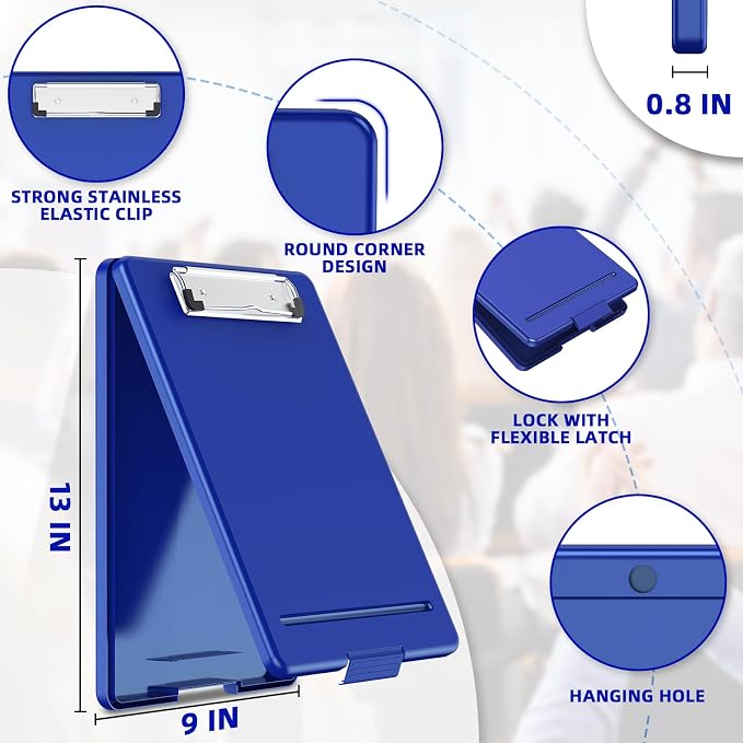 Clipboard with Storage, Plastic Storage Nursing Slim Clipboard with Low Profile Clip, Foldable Letter Size for Nurse, Kid, Salary, Coach, Jobsite, Industrial, Office(9" x 13"x 0.8", Blue)