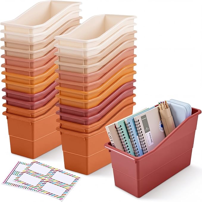 Blosssound 24 Set Book Bins for Classroom Stackable,Earth Tones | Plastic Baskets with Labels, Slanted Front, Library Supplies Organizers, Desktop Storage Bins, Teachers Home School Use
