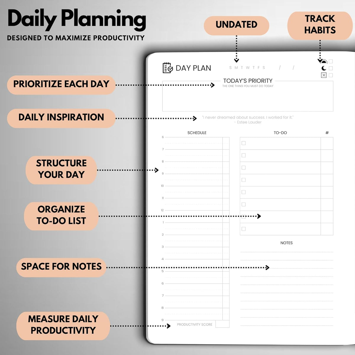 Undated Daily Planner – 6-Month A5 Productivity Organizer with Full Page Per Day, Hourly Schedule, Goal Setting, Habit Tracker, Weekly & Monthly Pages – Hardcover Time Management Notebook (Rose Gold)