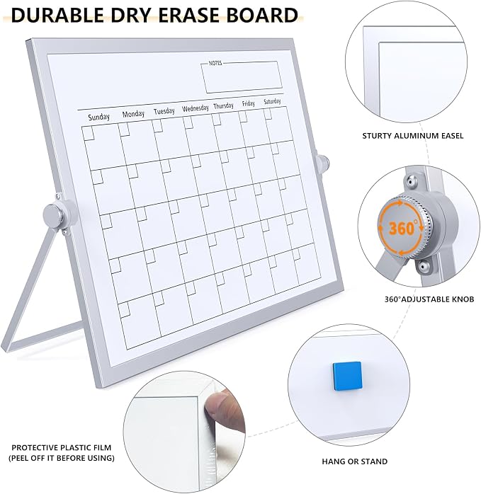 Dry Erase White Board,16X12IN Magnetic Desktop Whiteboard Calendar | Whiteboard 8 Markers, 4 Magnets, 1 Eraser, Portable Double-Sided White Board Easel for Kids Memo to Do List Desk