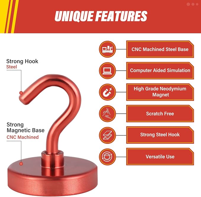 Neosmuk Magnetic Hooks, Heavy Duty 130lb+ Strong Magnet Hook for Cruise Cabins, Cruise Essentials 2026 for Hanging, Metal Wall Refrigerator Hangers (Red, 10 Pack)