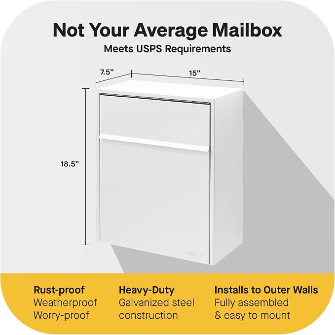 Adoorn Lockable Wall Mount Mailboxes for Outside - Large Anti-Theft Locking Mailbox for Letters - Weatherproof Construction - Durable Steel - 18.5" H x 15" L x 7.5" D - White