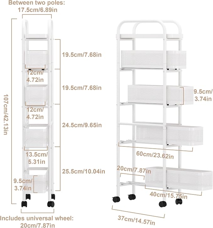 UMDONX 5-Tier Narrow Mobile Storage Cart with Pull-Out Baskets | The Multifunctional Pull-out Storage Rack Is Suitable for Bathrooms, Kitchens, and Laundry Rooms