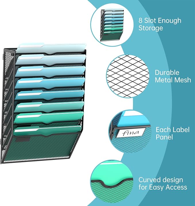 8-Tier Wall File Organizer, Wall Mounted Mail Sorter, 2 Pack | Metal Mesh Hanging File Organizer with Open Compartments and Label Panels for Papers and Folders at Home, Office or School