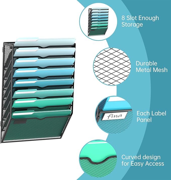 8-Tier Wall File Organizer, Hanging File Holder, Wall Mounted Mail Sorter | Metal Mesh Hanging File Organizer with Open Compartments and Label Panels for Papers and Folders at Home, Office or School