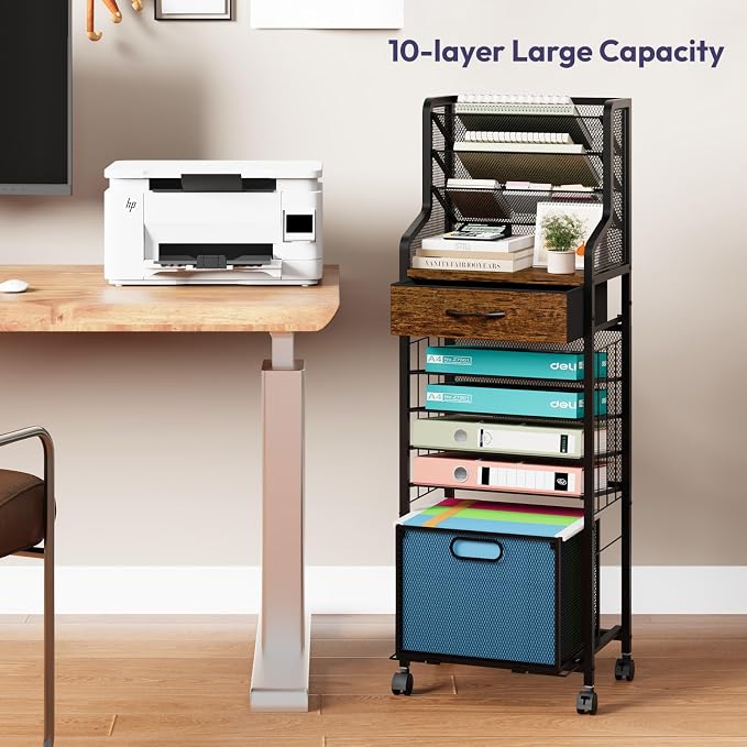 SWTYMIKI 10-Tier Rolling File Cart - Mesh Paper Organizer with Drawer & Hanging File Folders on Lockable Wheels, Rolling File Cabinet for Office Organization, Storage in Home, Studio, School, Espresso