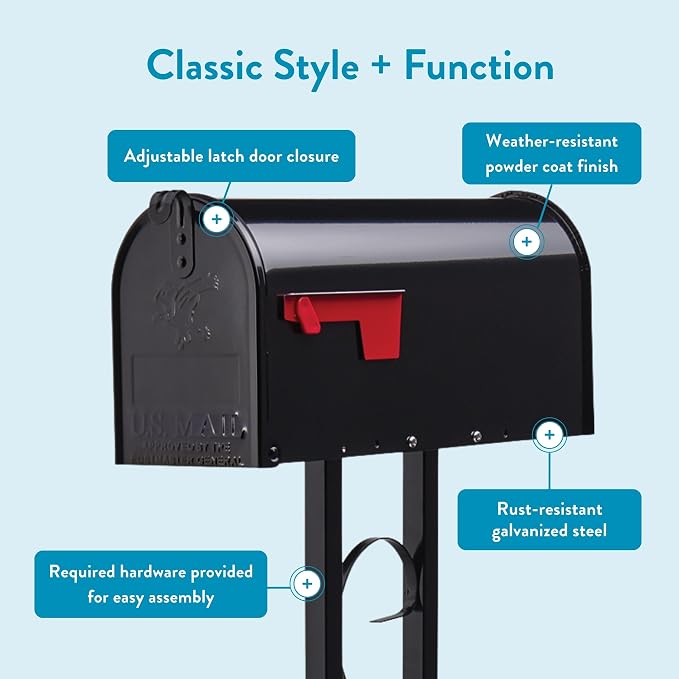 Architectural Mailboxes Mailbox to Go Mailbox with Post, Black, Medium | Includes the matching post and all hardware. Galvanized steel build and rust-resistant powder-coat finish. USPS approved.