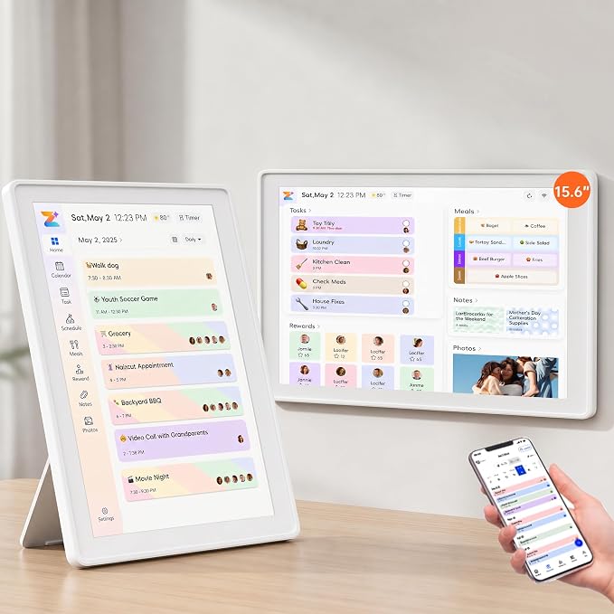 15.6-inch Smart Digital Calendar - White Wall Electronic Calendar, Built-in Digital Photo Frame, No Subscription Fee, Chore Chart & Meal Planner for large family, Dual Mode, with Stand