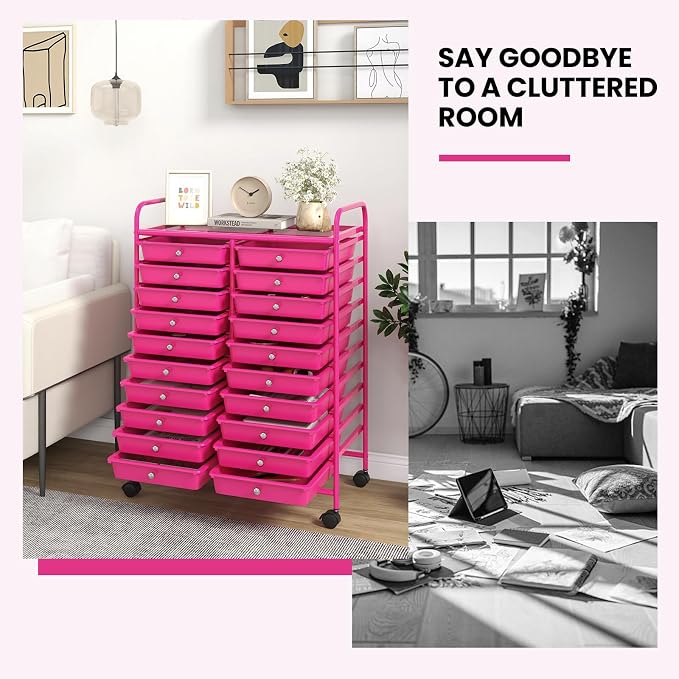 COSTWAY 20-Drawer Rolling Storage Cart, Utility Storage Organizer Cart | For Tools, Scrapbook, Paper, Craft, Multipurpose Storage Trolley on Wheels for Home Office School (Hot Pink)