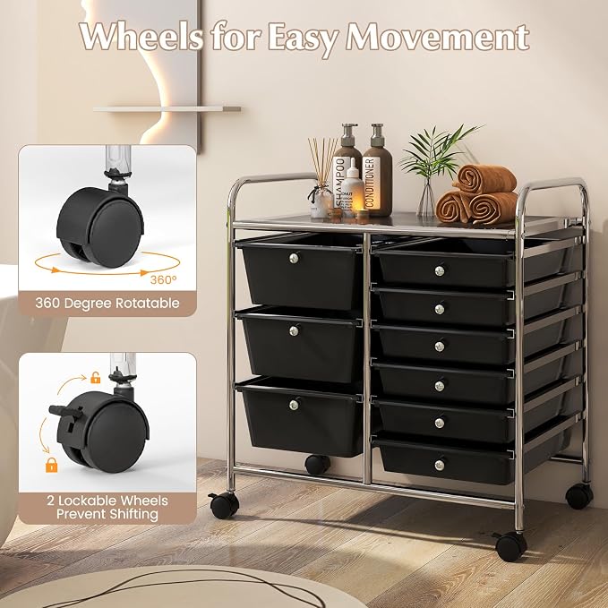 9 Drawer Rolling Storage Cart, Rolling Cart with Drawers for Classroom, Art Supply Craft Organizer on Wheel with Metal Frame & Handles for Home Office School