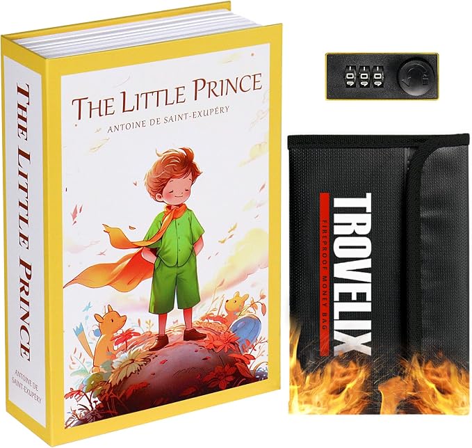 Book Safe with Combination Lock, Hidden Safe (9.5 x 6.2 x 2.2 Inch) with Fireproof Bag, Secret Diversion Safe, Hollow Book Box Hidden Storage, Money Safe Box for Cash (Little Prince)