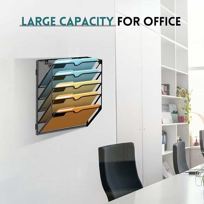 5 Tier Wall File Organizer, Hanging Wall Mounted Mail Organizer with Label Slots, Metal Mesh File Holder Magazine Rack for Office, Home, School or Classroom, Black, 2Pack
