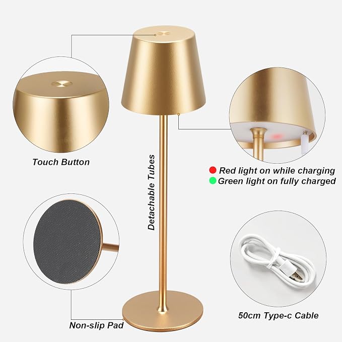 Kakanuo Cordless Table Lamp Rechargeable Gold - KK 4 Pack Battery Operated Lamp for Dining Table, 3 Color Stepless Dimming Wireless Lamp for Counter, Outdoor Patio, Touch Control