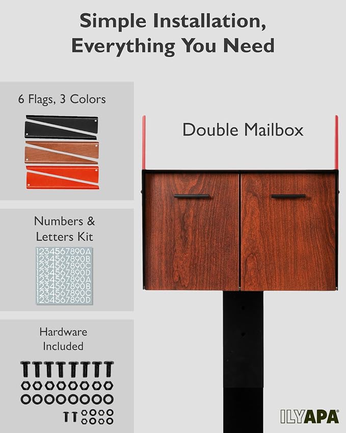 Ilyapa Black Double Mailbox, Post Mount Mailboxes for Outside- Two Sided Mail Box for 2 Houses with Standard Single Mounting, Door Numbering Kit, Outdoor All Weather with Magnetic Doors