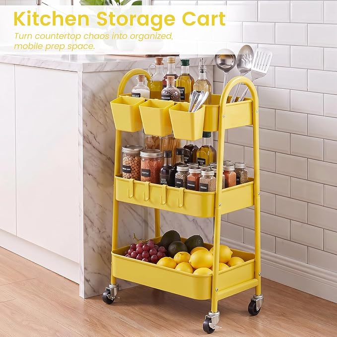 3-Tier Rolling Cart, Utility Cart Mobile Metal Rolling Storage Cart with Lockable Wheels & Hanging Cups & Hooks for Kitchen, Bathroom, Office, Workshop, Yellow