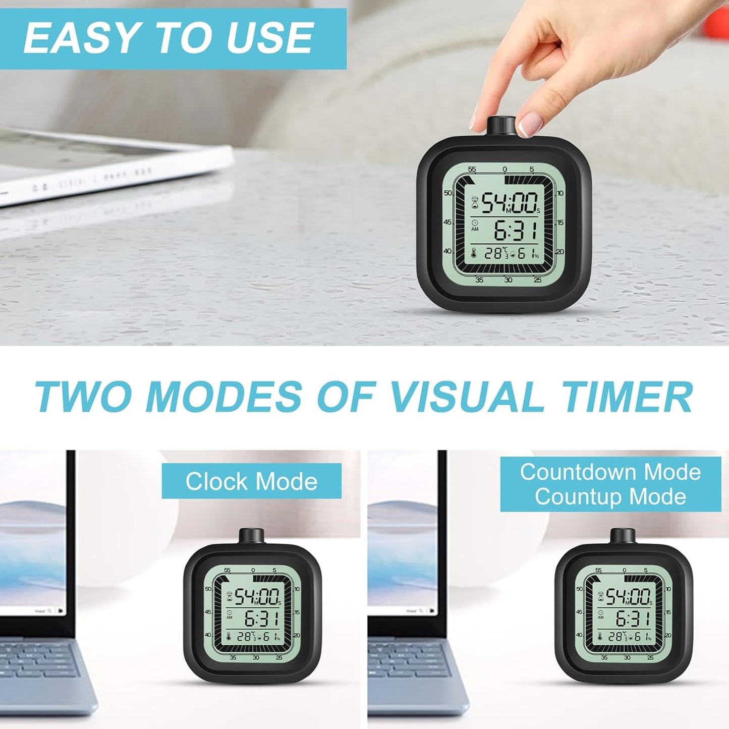 Visual Timer for Kids with Alarm Clock Countdown Count-up 1-60 Minutes Kitchen Timer Student Bathroom Shower Clock Training Timer with Digital Thermometer Hygrometer Black