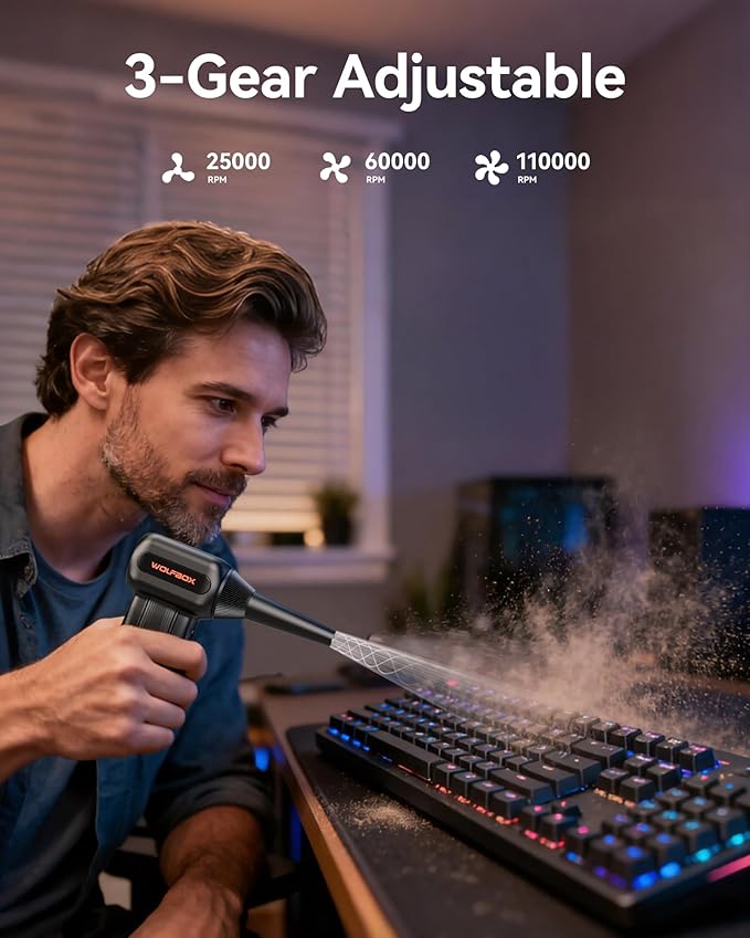 WOLFBOX MF60 Compressed Air Duster-110000RPM Super Power Electric Air Duster, 3-Speed Adjustable Rechargeable Cordless Air Blower with Fast Charging for PC Keyboard Cleaning, Car, Home, 5 Nozzle