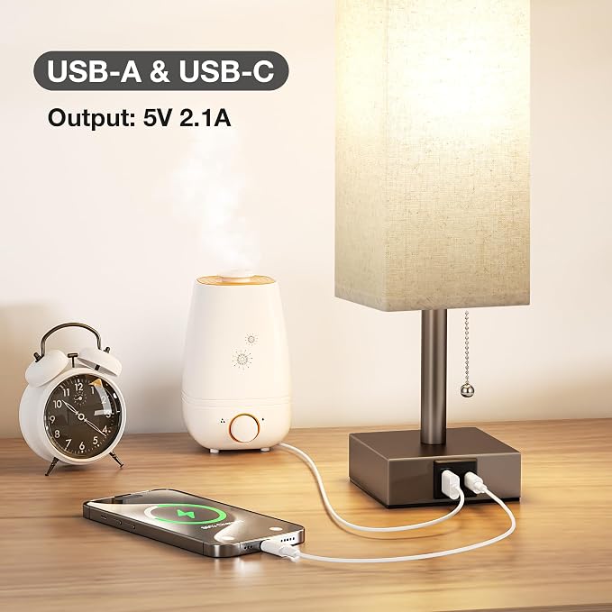 Brown Bedside Table Lamp for Bedroom - Desk Lamp For Nightstand, USB C+A | Pull Chain Lamp, 3 Color Modes(3000K/4000K/5000K), E26 LED Bulb Included, Square Brown Fabric Lampshade, for Read, Work, Dorm