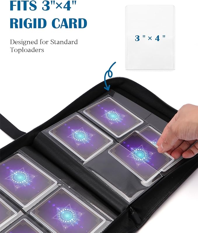 4 Pocket Top Loader Binder for 144 Toploaders, Side Loading Toploader Binder for 3 x 4'' Rigid Cards with Zipper Closure, PU Leather Ringless 2x2 Card Binder for MTG/TCG/Sports/Games, Blue