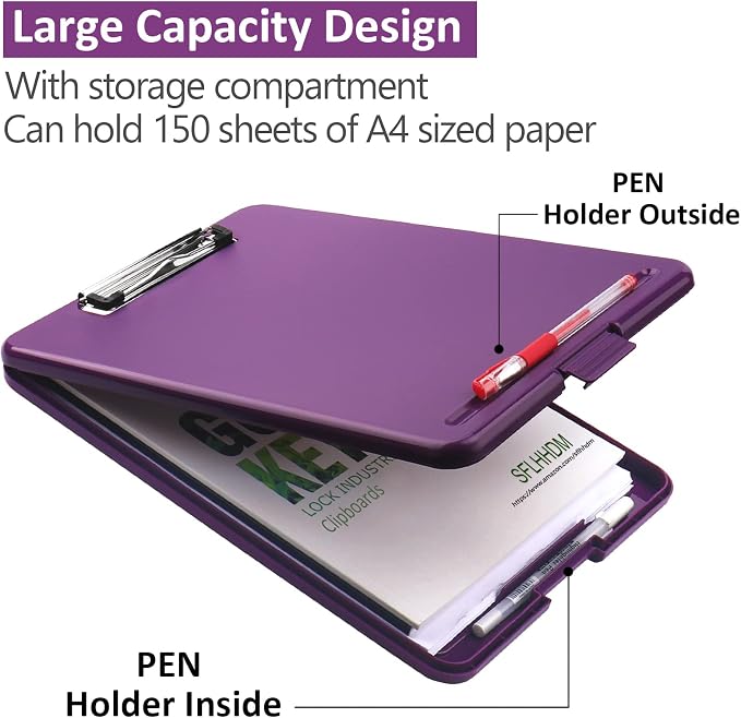 A4 Clipboards, Folder Clipboard with Storage, Folio Plastic Clipboard with Low Profile Clip, File Binder Clipboard Case, Waterproof Nursing Clipboards Foldable Case for Office Work (Dark Gray-Purple)