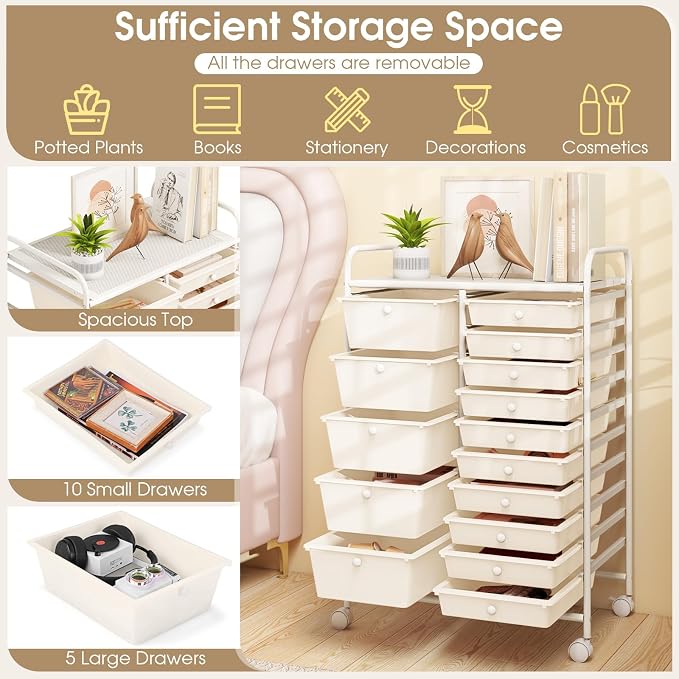 COSTWAY 15 Drawer Rolling Storage Cart, Mobile Storage Organizer | Removable Drawers & Metal Frame, Multipurpose Utility Tools Paper Organizer on Wheels for Home, Office (White)