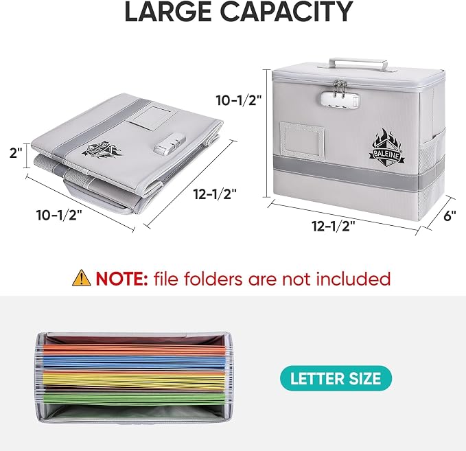 BALEINE Fireproof Document Box with Lock, Portable Fireproof Document Bag Waterproof Fire Proof File Boxes for Documents, File Organizer Box for Important Paperwork (Silver, 12.5''x10.5''x6'')