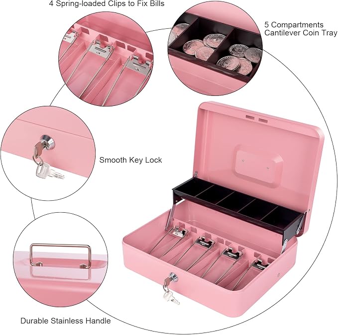 Cash Box with Money Tray and Lock - Metal Money Box for Cash Register, Large Lock Box for Money Safe 11.8" x 9.4" x 3.54" Pink