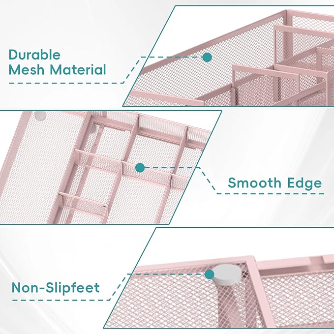Expandable Desk Drawer Organizer Tray with 10 Adjustable Compartments, Metal Mesh Office Drawer Organizer, Versatile Desk Organizer for Home, School Supplies, Makeup Vanity & Jewelry (Pink)